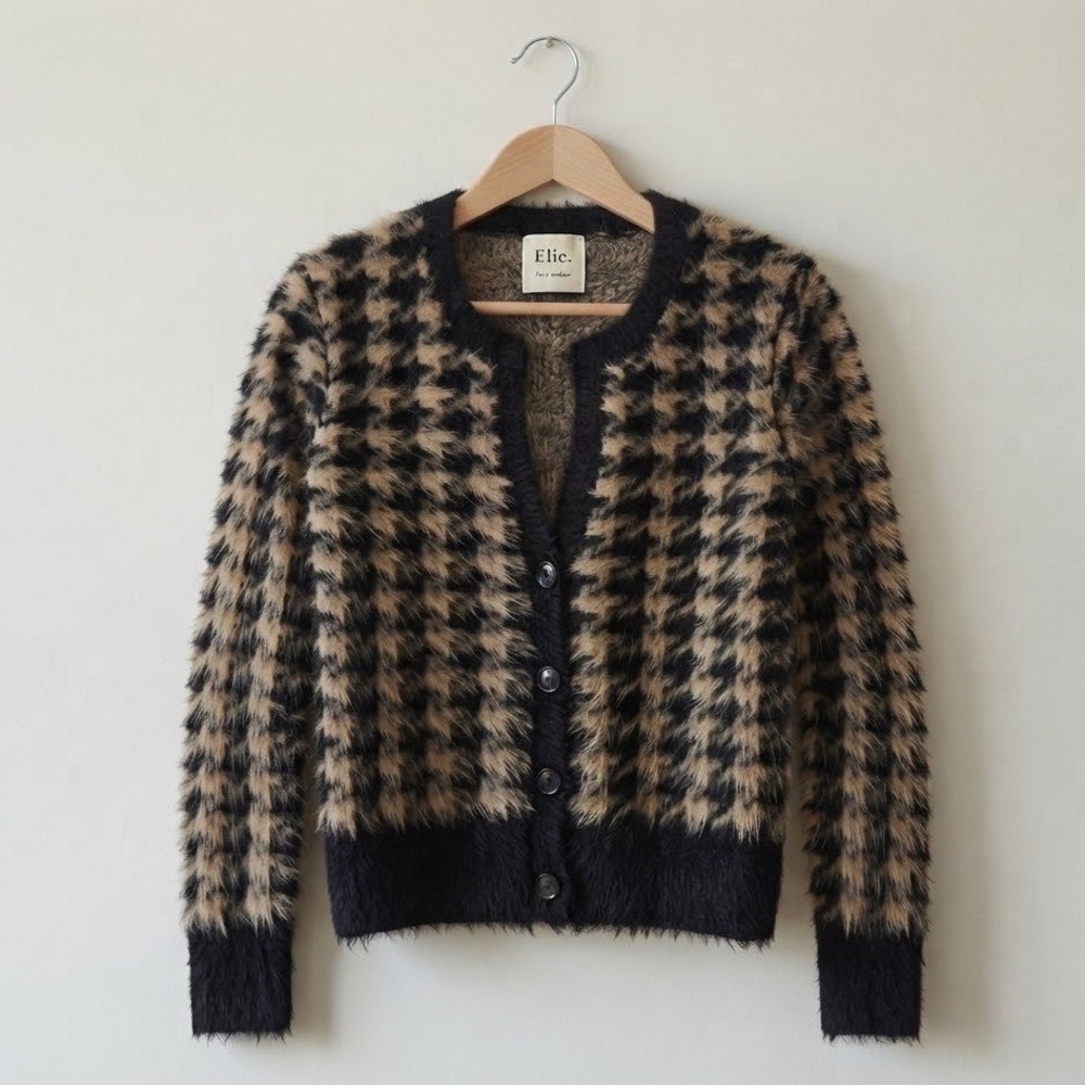 Elie Tahari Eyelash Knit Cardigan Houndstooth Fuzzy Button Front Sweater